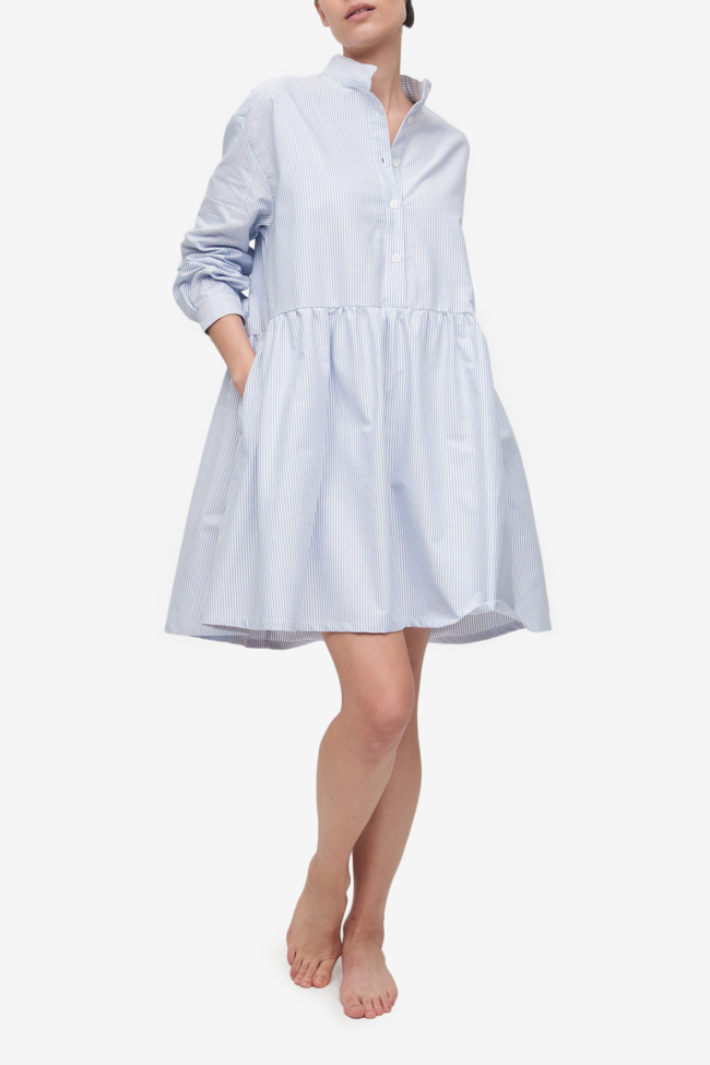 Short Sleep Dress Blue Oxford Stripe