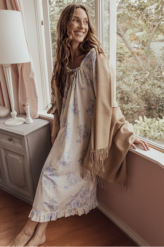 Long Sleeve Tie Nightie Blue Tea Rose