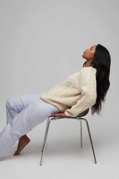 Bare Knitwear Porteau Cable Crew in Ecru