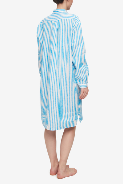 Long Sleep Shirt Cyan Linen Stripe