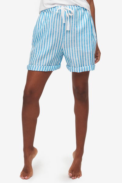 Set - Woven T-Shirt and Lounge Short Cyan Linen Stripe
