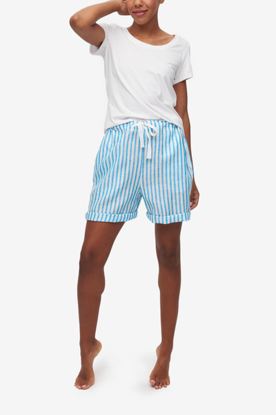 Set - Woven T-Shirt and Lounge Short Cyan Linen Stripe