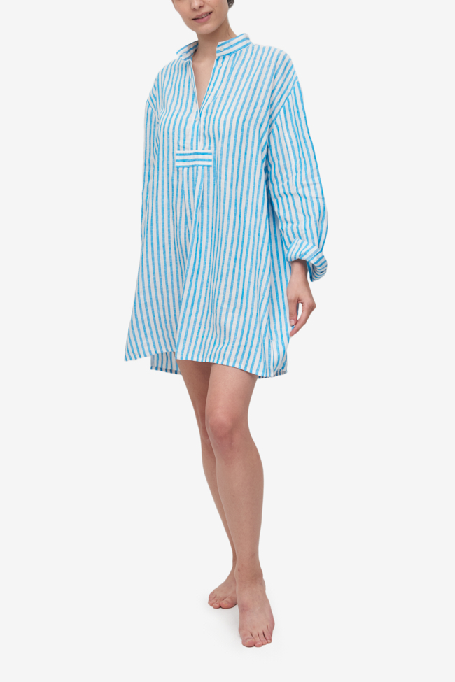 Short Sleep Shirt Cyan Linen Stripe