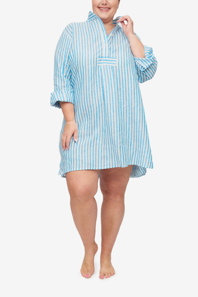 Short Sleep Shirt Cyan Linen Stripe PLUS
