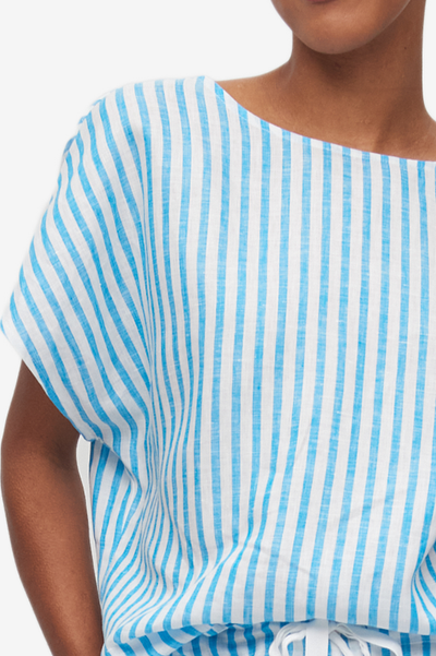 Set - Woven T-Shirt and Lounge Short Cyan Linen Stripe