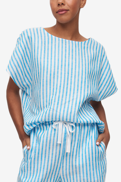 Set - Woven T-Shirt and Lounge Short Cyan Linen Stripe