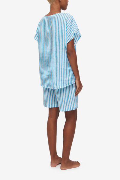 Lounge Short Cyan Linen Stripe