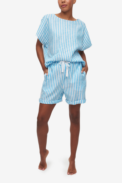 Set - Woven T-Shirt and Lounge Short Cyan Linen Stripe
