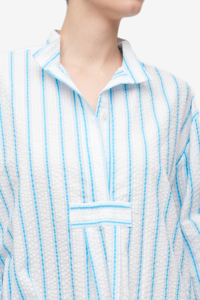Long Sleep Shirt Cyan Seersucker Stripe