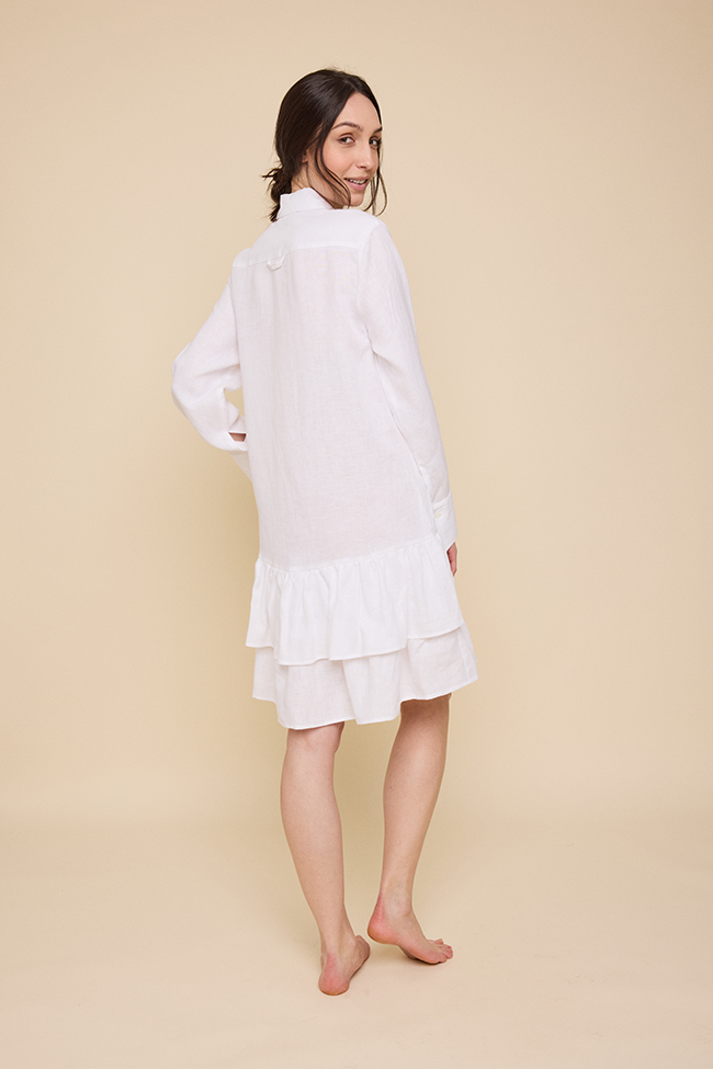 Double Ruffle Sleep Shirt White Linen
