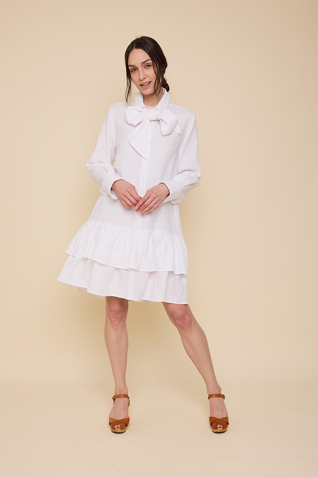 Double Ruffle Sleep Shirt White Linen