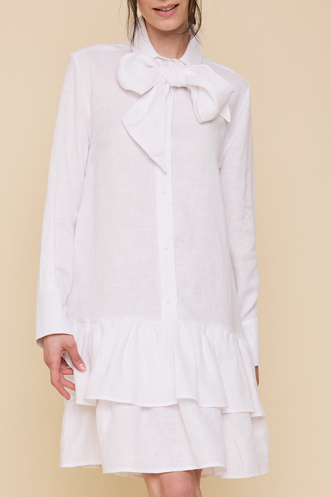 Double Ruffle Sleep Shirt White Linen