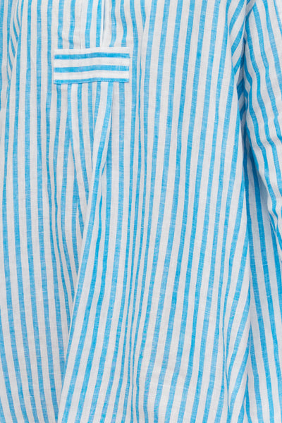 Long Sleep Shirt Cyan Linen Stripe