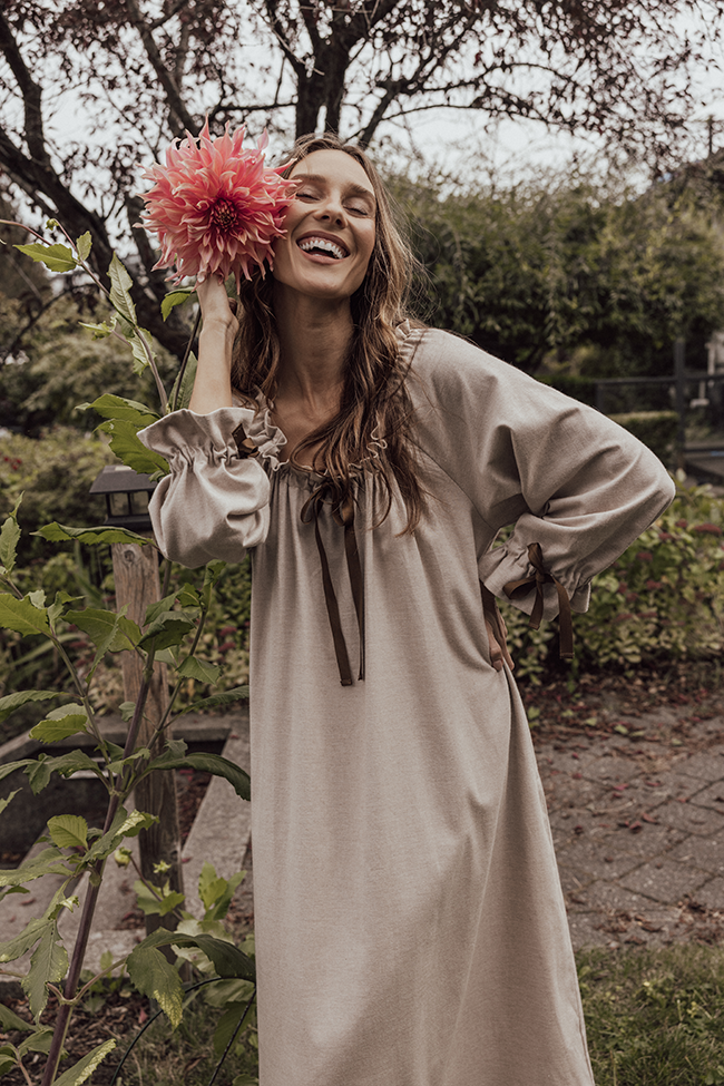 Long Sleeve Tie Nightie Fawn Cashmere Blend