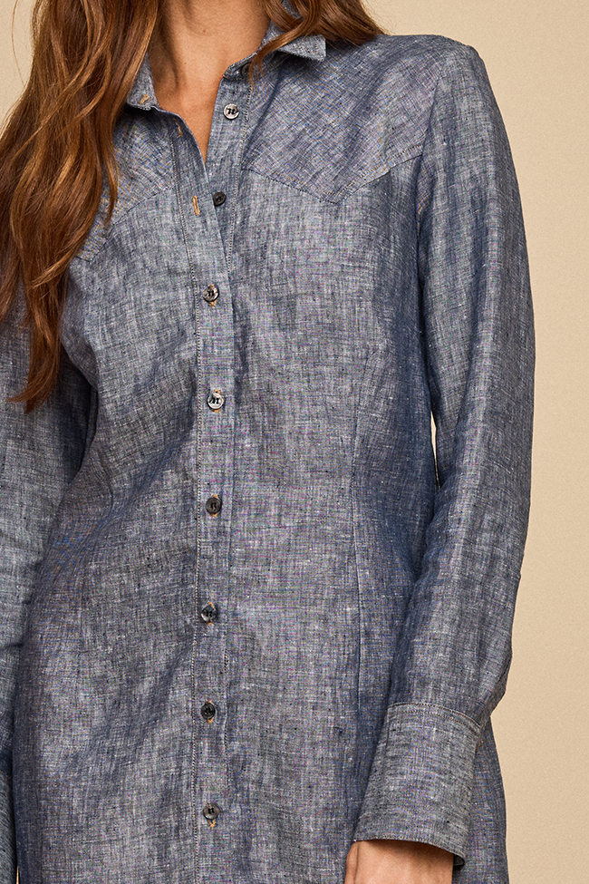Fitted Western Sleep Shirt Navy Linen Chambray