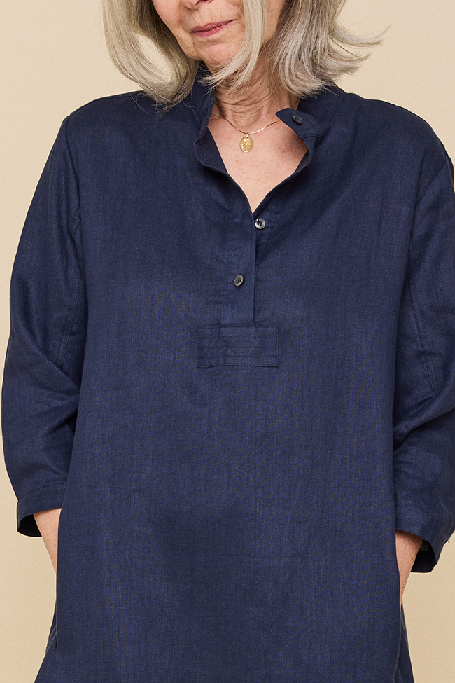 Flared Sleep Shirt Navy Linen