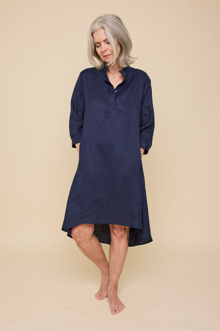 Flared Sleep Shirt<br>in Navy Linen