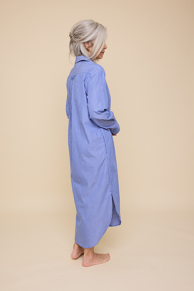 Long Belted Shirt Dress Blue & White Stripe
