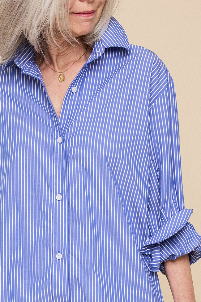 Long Belted Shirt Dress Blue & White Stripe