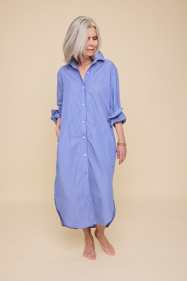 Long Belted Shirt Dress Blue & White Stripe