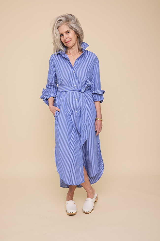 Long Belted Shirt Dress Blue & White Stripe