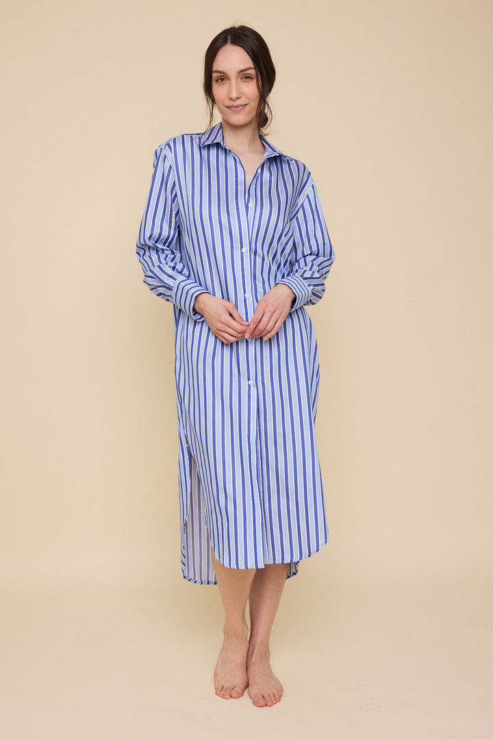 Long Belted Shirt Dress<br>in Blue en Bleu Stripe