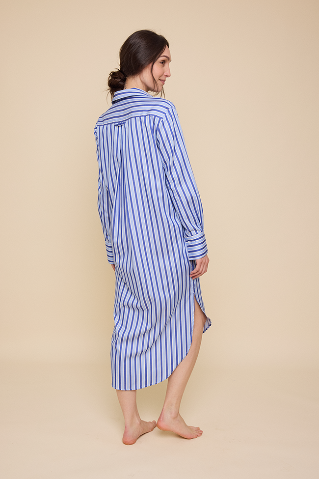 Long Belted Shirt Dress Blue en Bleu Stripe