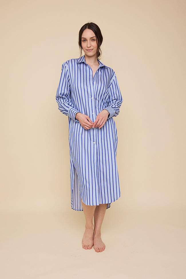 Long Belted Shirt Dress Blue en Bleu Stripe