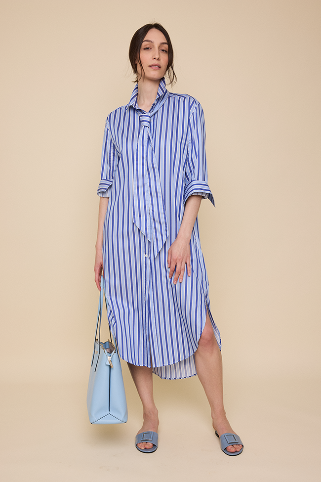 Long Belted Shirt Dress Blue en Bleu Stripe