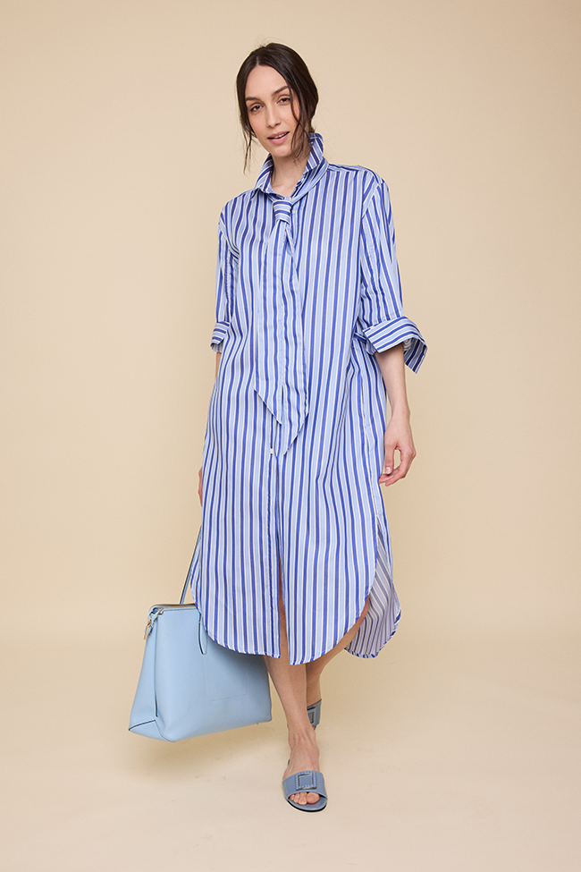 Long Belted Shirt Dress Blue en Bleu Stripe