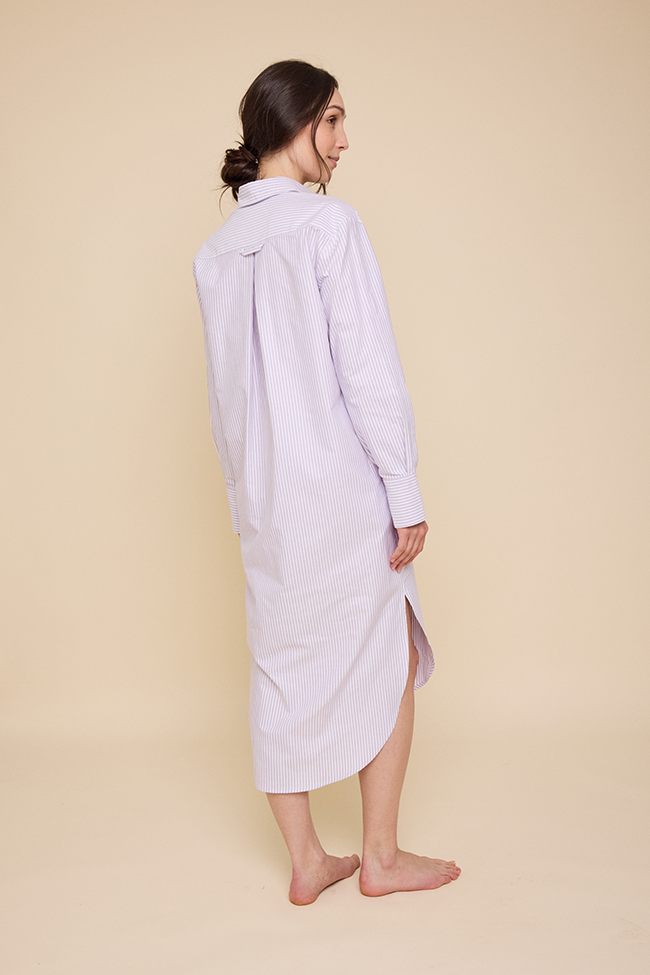 Long Belted Shirt Dress Lavender Oxford Stripe