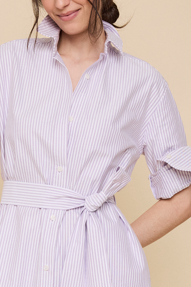 Long Belted Shirt Dress Lavender Oxford Stripe Long Belted Shirt Dress Lavender Oxford Stripe