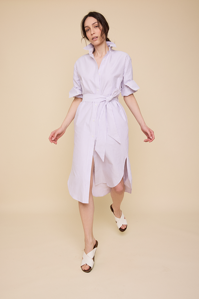 Long Belted Shirt Dress Lavender Oxford Stripe