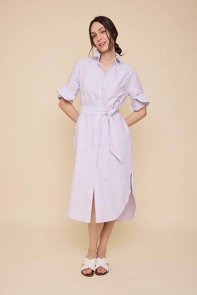 Long Belted Shirt Dress Lavender Oxford Stripe