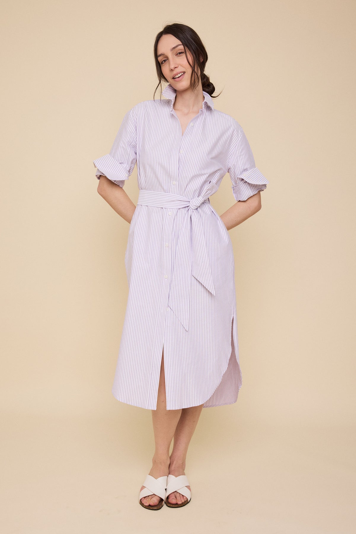 Long Belted Shirt Dress Lavender Oxford Stripe Long Belted Shirt Dress Lavender Oxford Stripe