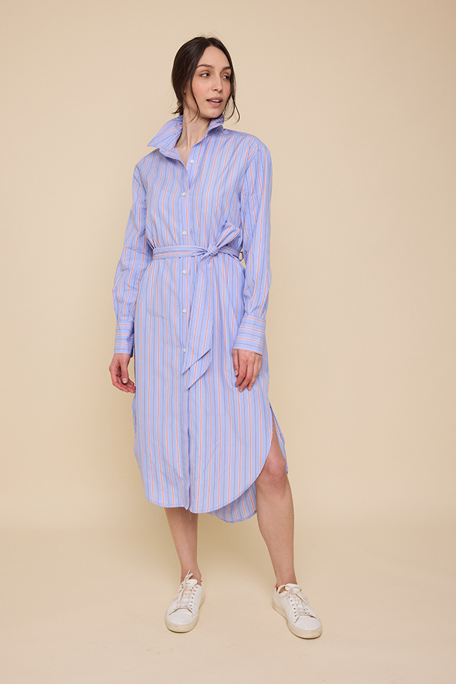 Long Belted Shirt Dress Newbury Stripe