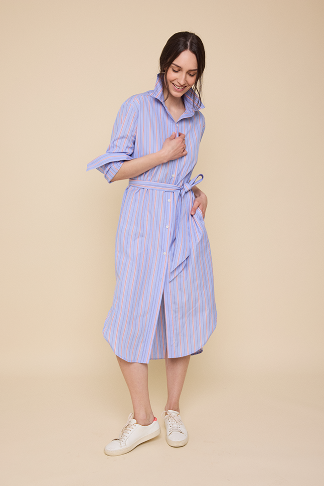 Long Belted Shirt Dress Newbury Stripe