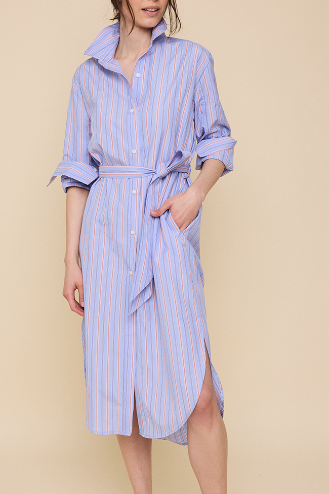 Long Belted Shirt Dress Newbury Stripe