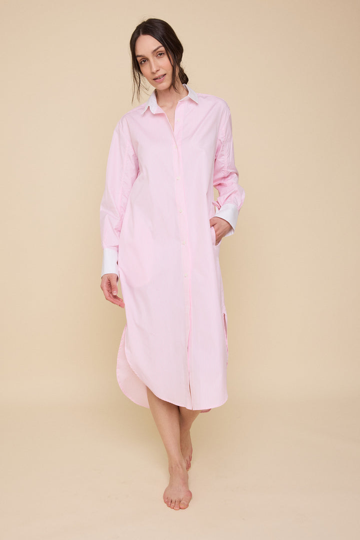 Long Belted Shirt Dress<br>in Pink Stripe Shirting
