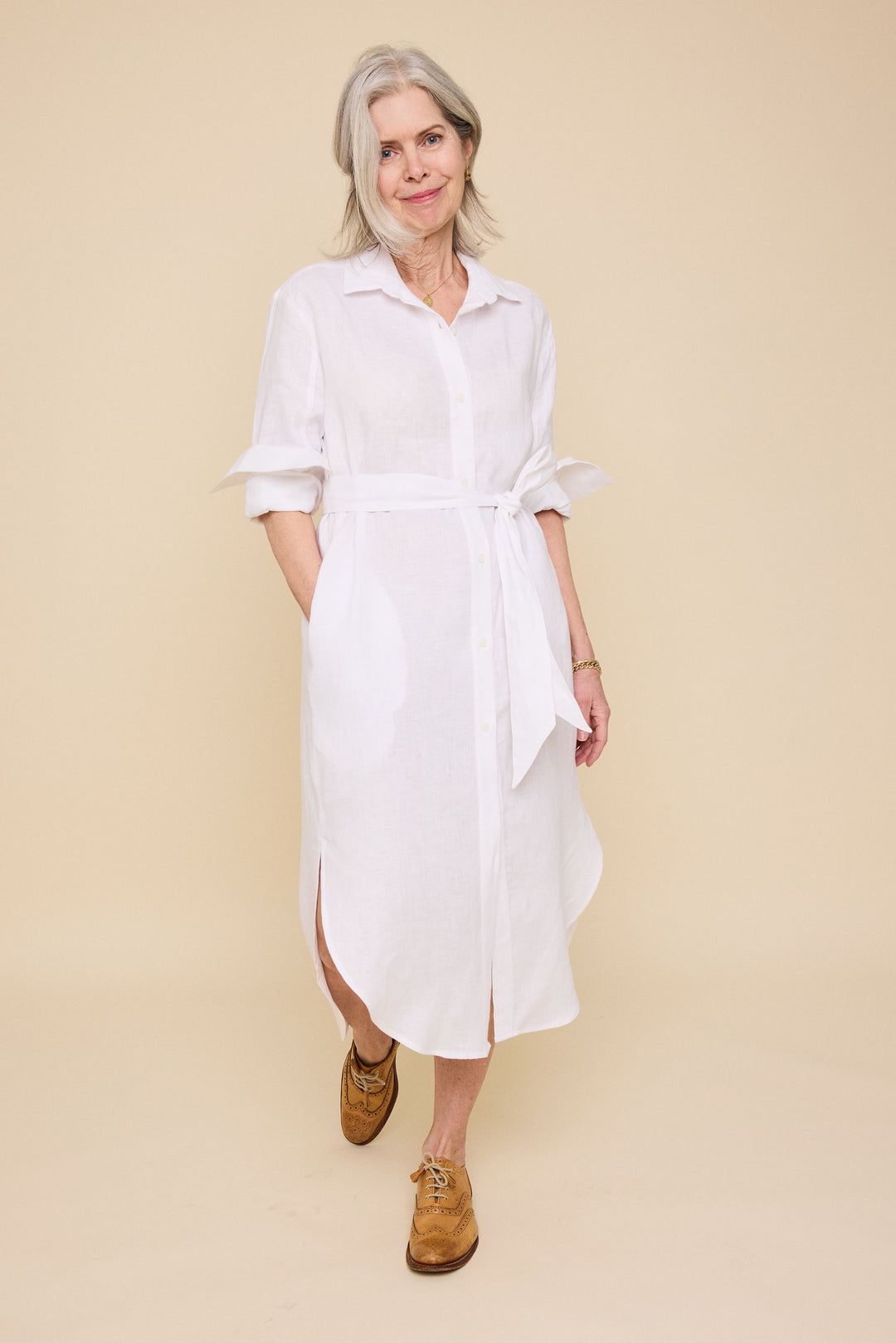 Long Belted Shirt Dress<br>in White Linen