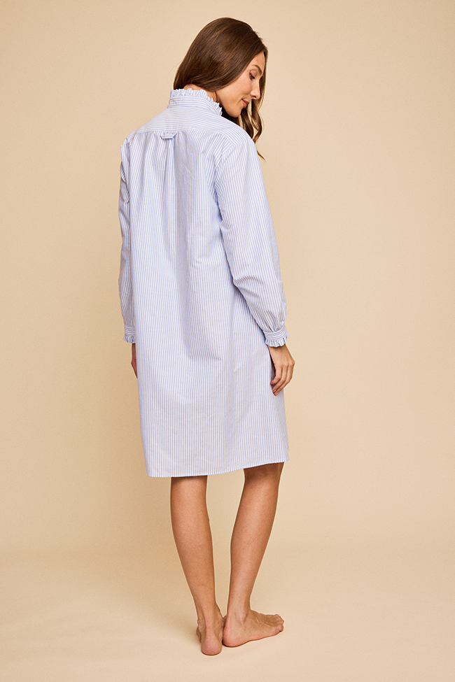 Long Ruffle Sleep Shirt Blue Oxford Stripe