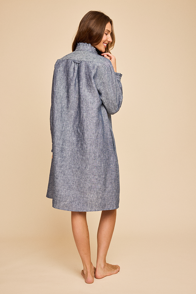 Long Ruffle Sleep Shirt Navy Linen Chambray