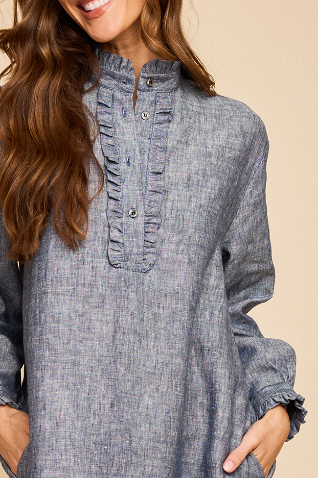 Long Ruffle Sleep Shirt Navy Linen Chambray