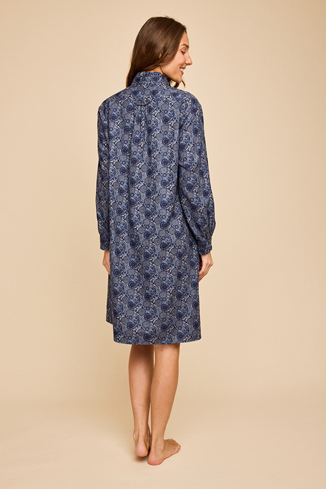 Long Ruffle Sleep Shirt Navy Paisley Flannel