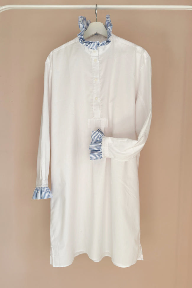 LIMITED EDITION: Long Sleep Shirt with Contrast Ruffle<br>in White Royal Oxford