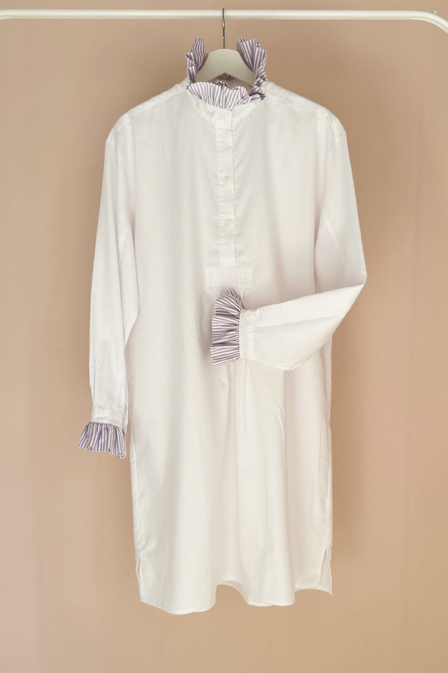 LIMITED EDITION: Long Sleep Shirt with Contrast Ruffle<br>in White Royal Oxford