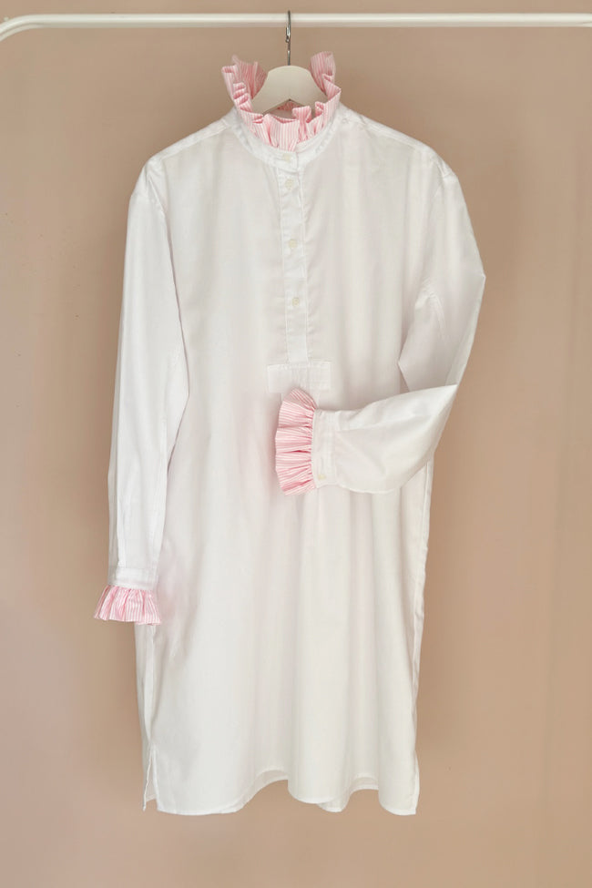 LIMITED EDITION: Long Sleep Shirt with Contrast Ruffle<br>in White Royal Oxford
