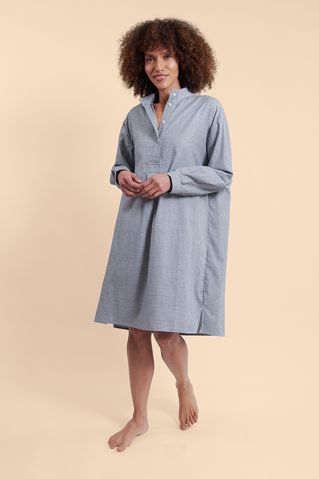Long Sleep Shirt Navy Mini Check Flannel