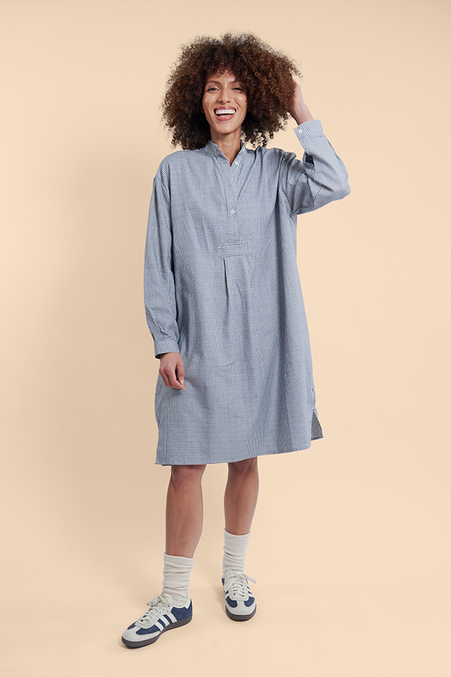 Long Sleep Shirt Navy Mini Check Flannel