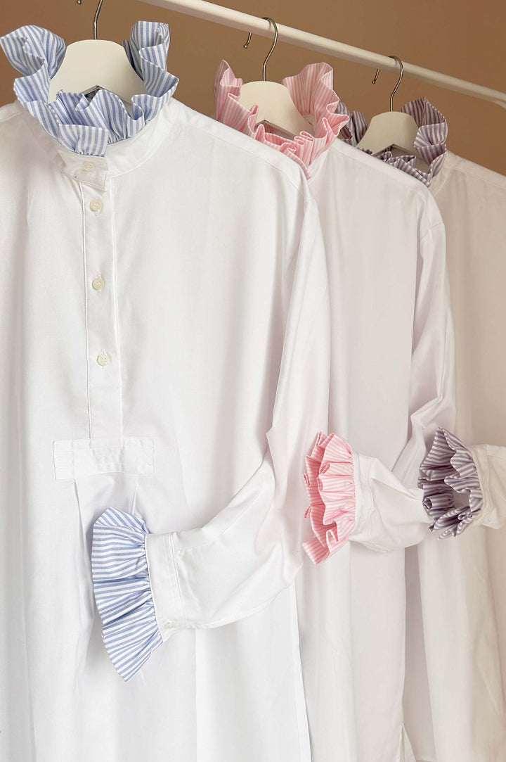 LIMITED EDITION: Short Sleep Shirt with Contrast Ruffle<br>in White Royal Oxford